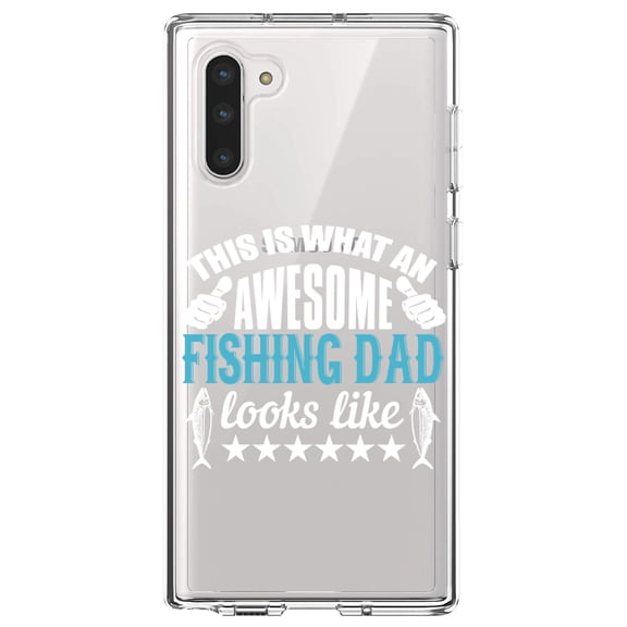 DistinctInk Clear Shockproof Hybrid Case for Samsung Galaxy Note 10 (6.3" Screen) - TPU Bumper Acrylic Back Tempered Glass Screen Protector - This is What Awesome Fishing Dad Looks Like