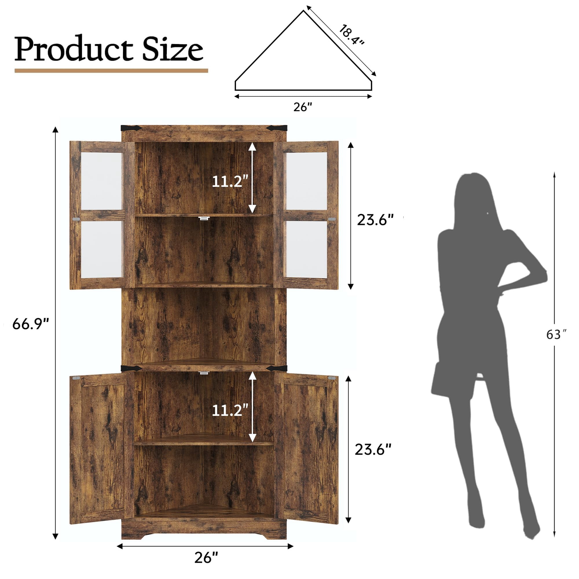 Corner Storage Cabinet with Glass Doors, Double-Door Corner Cabinet, Corner Cabinet with Shelves, Corner Cabinet with Light Strips-Retro color