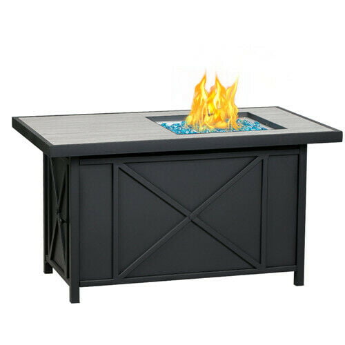 Propane Fire Pit Table 42 Rectangular, Blue Glass Gas Fire Pit