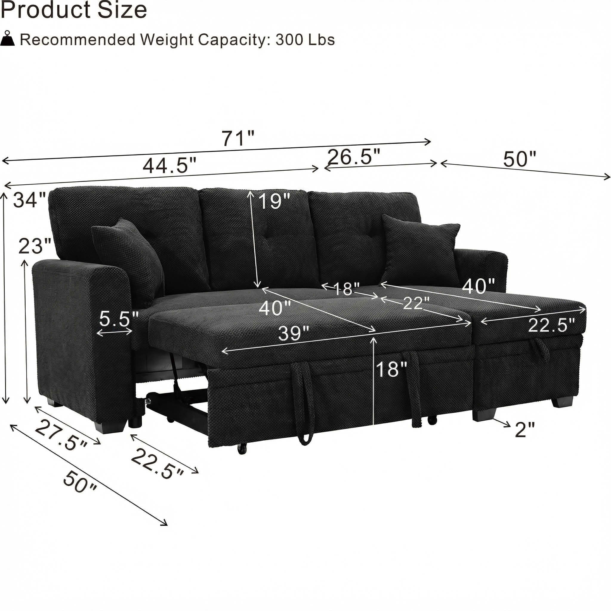 MAYEERTY L‑Shaped Sleeper Sectional Sofa, Convertible Pull‑Out Bed with Reversible Storage Chaise, Dark Gray Breathable Polyester Fabric for Small Living Spaces