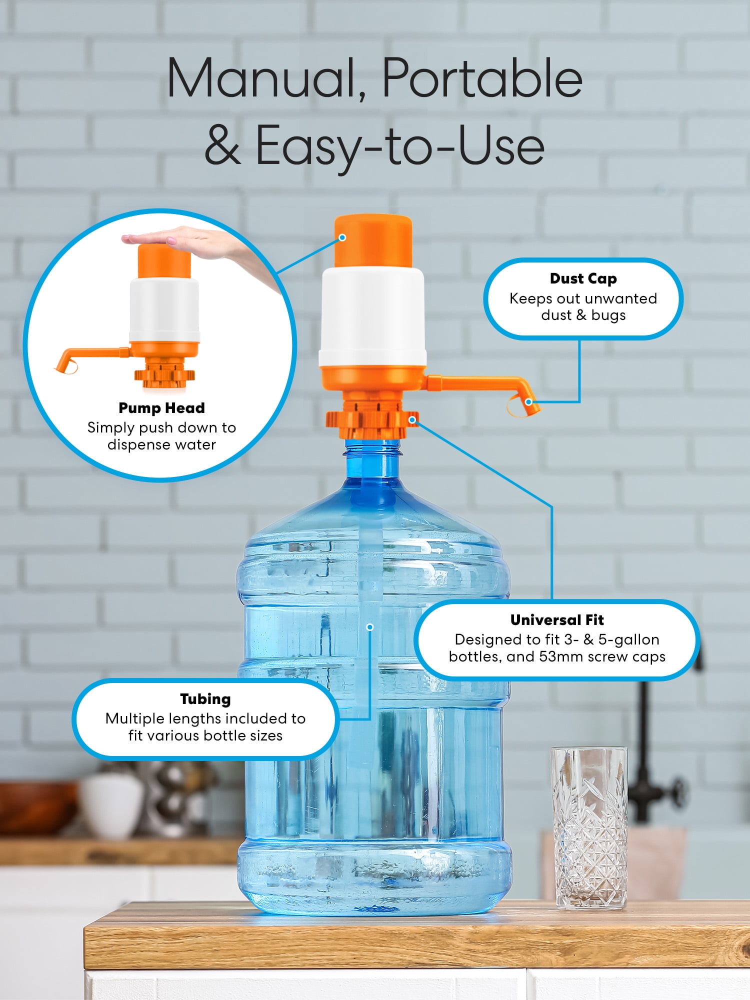 Brio PU100OR Orange Water Pump for 1 to 6 Gallon Water Bottles 48mm and 55mm