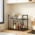 thumbnail image 6 of FEOLGEHLY Expandable Kitchen Shelf Organizer, 3-Tier Countertop Storage Rack with Hooks, Adjustable Microwave Stand for Coffee Bar, Spice Rack, Sink Shelf, Black, 6 of 6