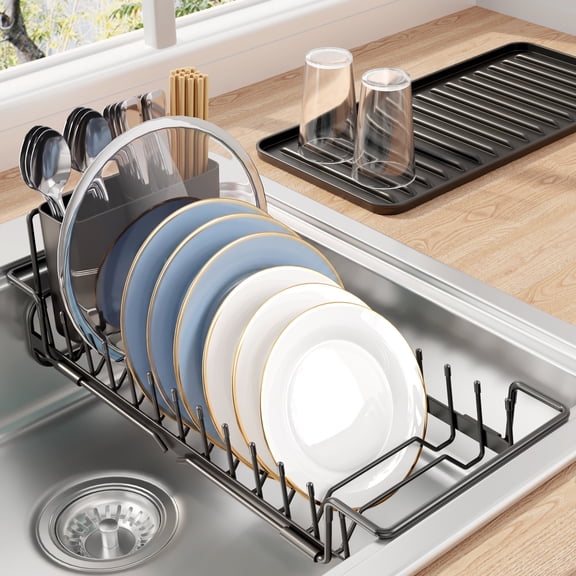 Kitsure Expandable Dish Drying Rack with Drying Tray, Over Sink Dish Rack for Kitchen Counter, Removable Utensils Holder, Fits 14"-20.9" Sink, Black