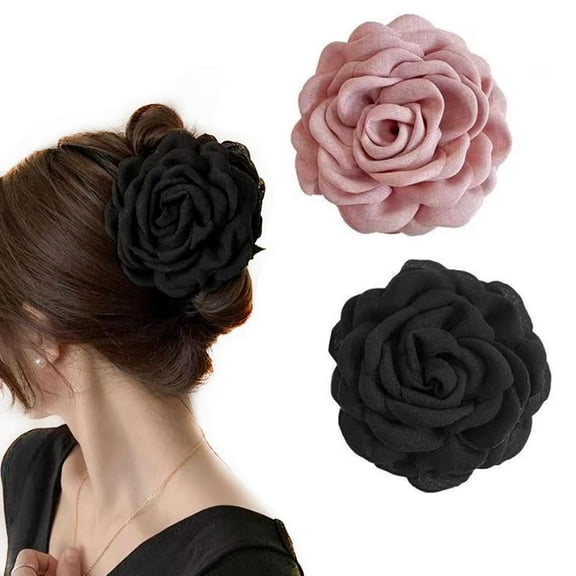 Zhengup 2pcs Rose Flower Hair Claw Clips Large Blooming Rose Hair Clips Floral Hair Clips Hair Claws for Women Girls (Black Pink)