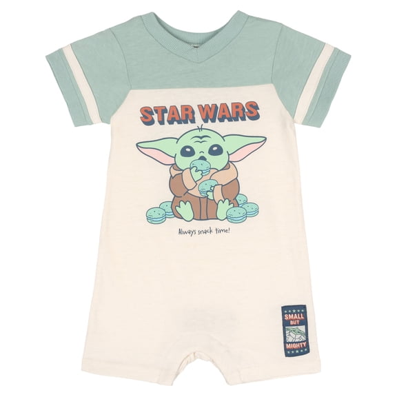 Star Wars The Mandalorian Baby Boy or Girl Short Sleeve Colorblock Athletic Romper Sage Green and Cream Grogu