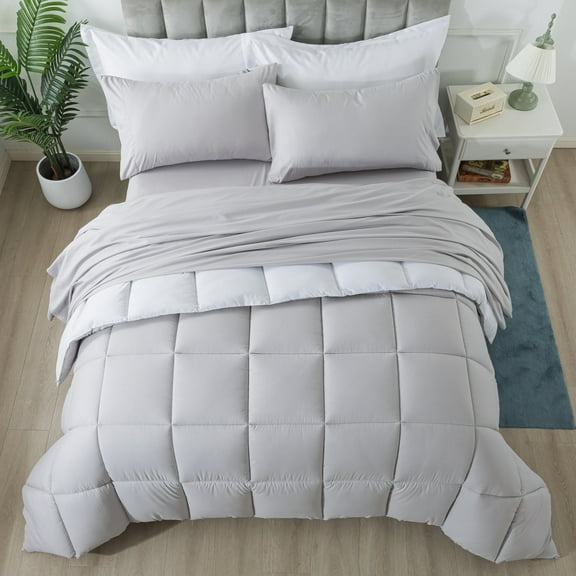 IGI Queen Size 7 Piece Comforter Set | Bed in a Bag for Unisex Adult | White/Light Gray