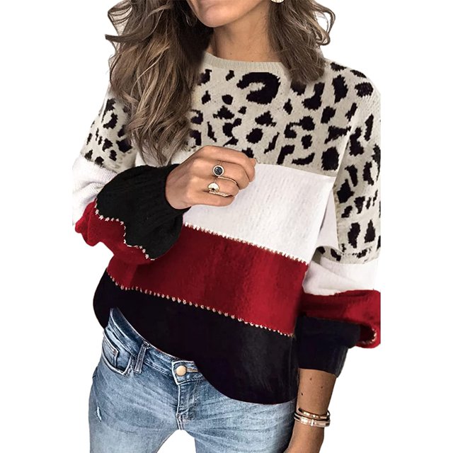 Women's Sweaters Casual Long Sleeve Crewneck Color Block Patchwork Pullover Knit Sweater Tops