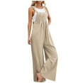 thumbnail image 2 of Huankd Linen Overalls for Women Loose Fit Adjustable Straps Bib Jumpsuits Square Neck Wide Leg Gardening Overalls w/Pockets Khaki 2XL, 2 of 9