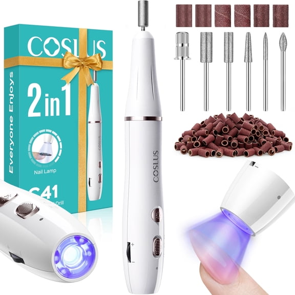 COSLUS CX41 Cordless Nail Drill Electric File,with Nails Lamp 2 in 1 Portable Nail file Machine Kit,Manicure Pedicure Tools Polish Set White