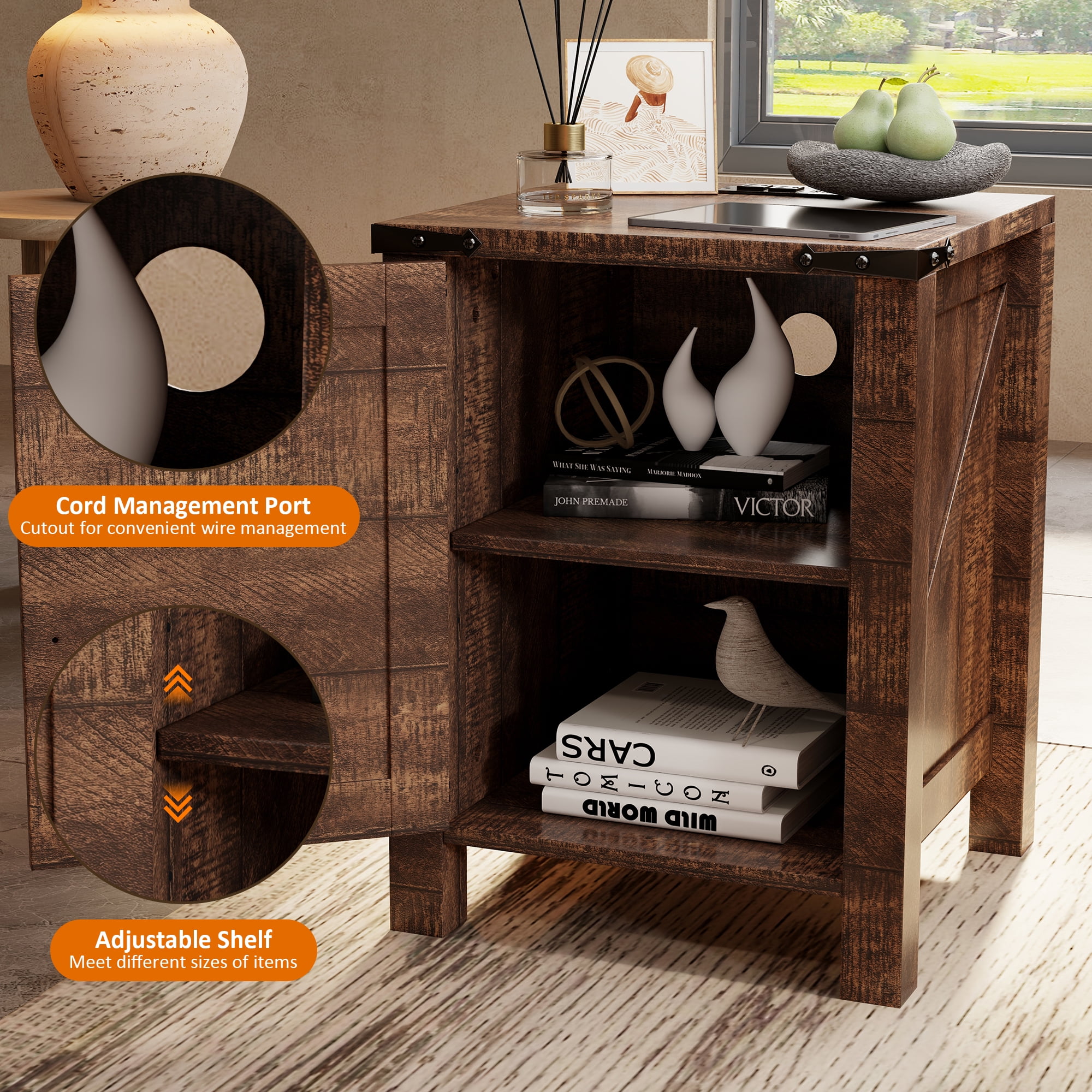 OKD Nightstand Set of 2 with Charging Station, Farmhouse Rustic Wood Side Table for Living Room, End Table for Bedroom, Reclaimed Barnwood