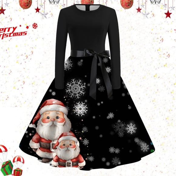 WILLBEST Teacher Dresses for Women 2024 Women's Christmas Long Sleeve Crew Neck Christmas Party Prom Beach Dress