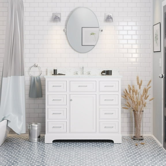 Aria 42" Bathroom Vanity with White Cabinet and Engineered Marble Top