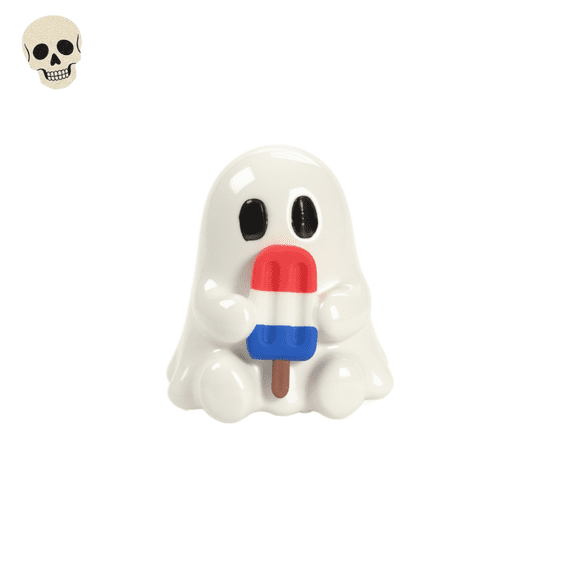 White Ghost Mini Figurine Holding Patriotic Ice Lolly, Cute Halloween Decoration, Summerween Decor, Small Halloween Table Decoration, Reusable Halloween Decorations & Novelty Halloween Gifts.-C