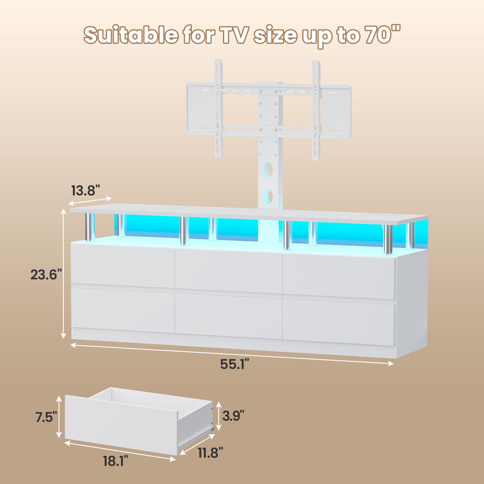 Afuhokles TV Stand with Mount and Power Outlet, TV Mount for up to 75 inch TVs, Modern LED TV Stand with 6 Drawers, White