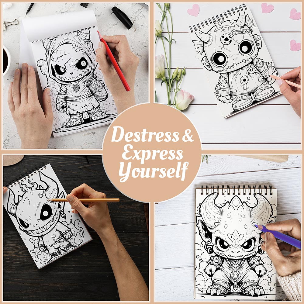 Adorable Demons Coloring Book Spiral Bound For Adults, A5 Wooden Cover, 30 Playful Coloring Pages in Cute Demon Characters for Stress Relief and Relaxation