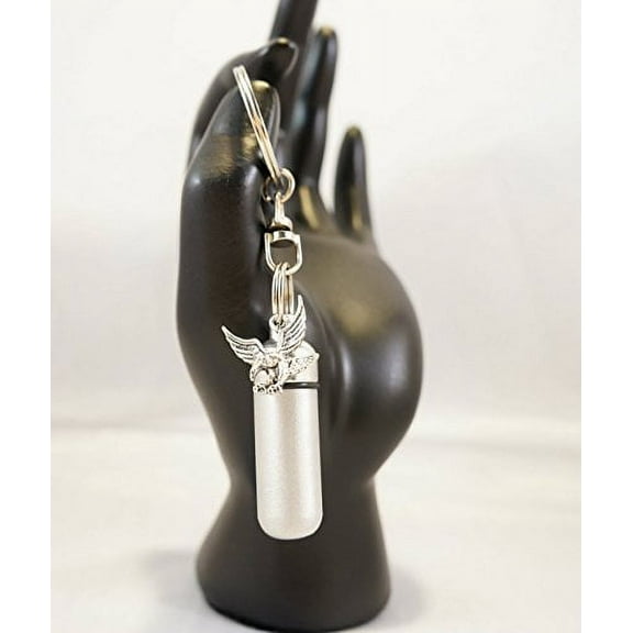 Brushed Silver American Eagle Cremation Urn with Engraved Flag on Swivel Stainless Steel Keychain - Includes Velvet Pouch & Fill Kit