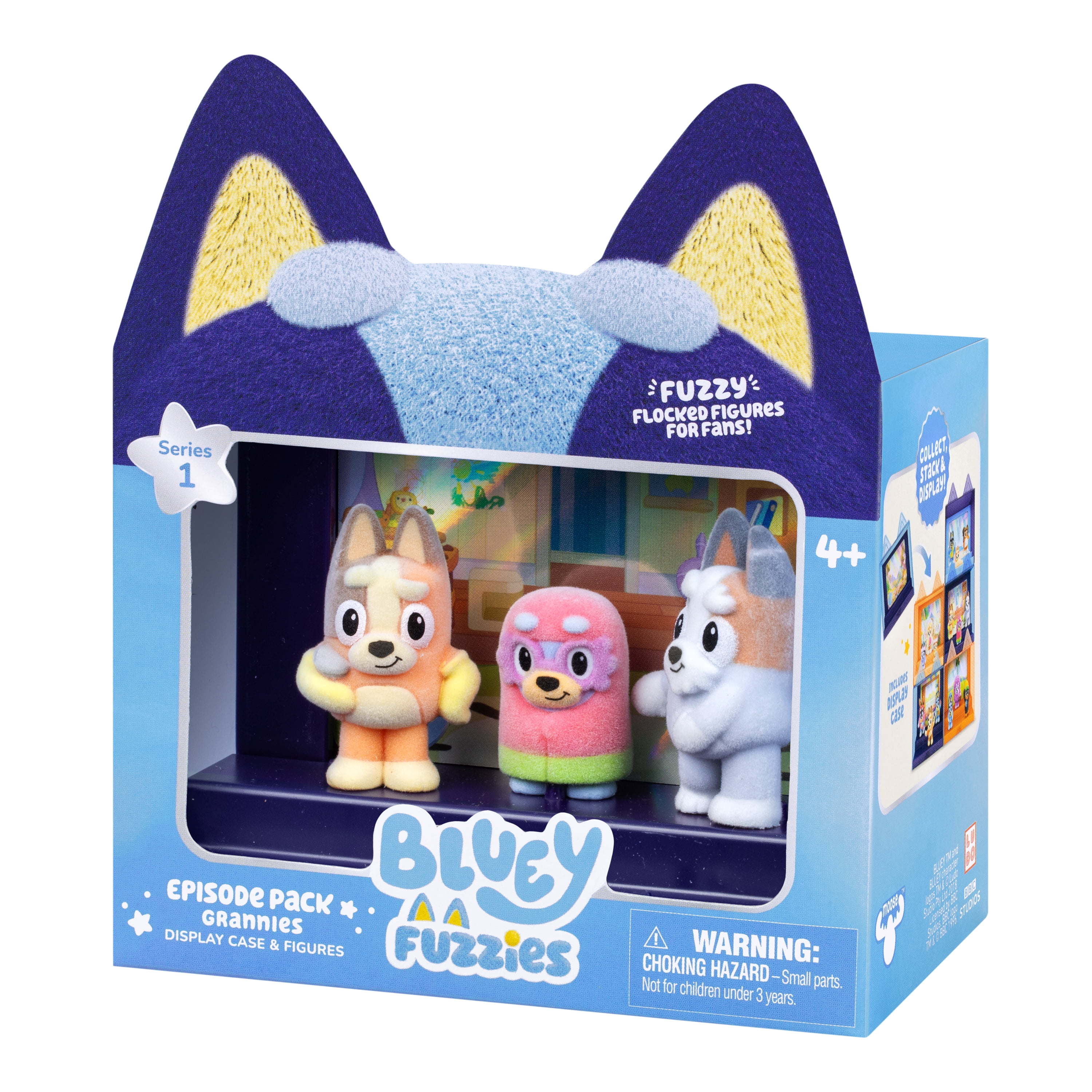 Bluey Fuzzies Episode Pack: Grannies. 3 Flocked Collectibles (Incl. 1 Exclusive), Display Case, Trading Card, and Collector's Guide. Ages 4+