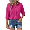 thumbnail image 3 of YDFCWXW Womens Cotton Linen Button Down Shirts Long Sleeve Oversized Blouses Work Tops Hot Pink, L, 3 of 5