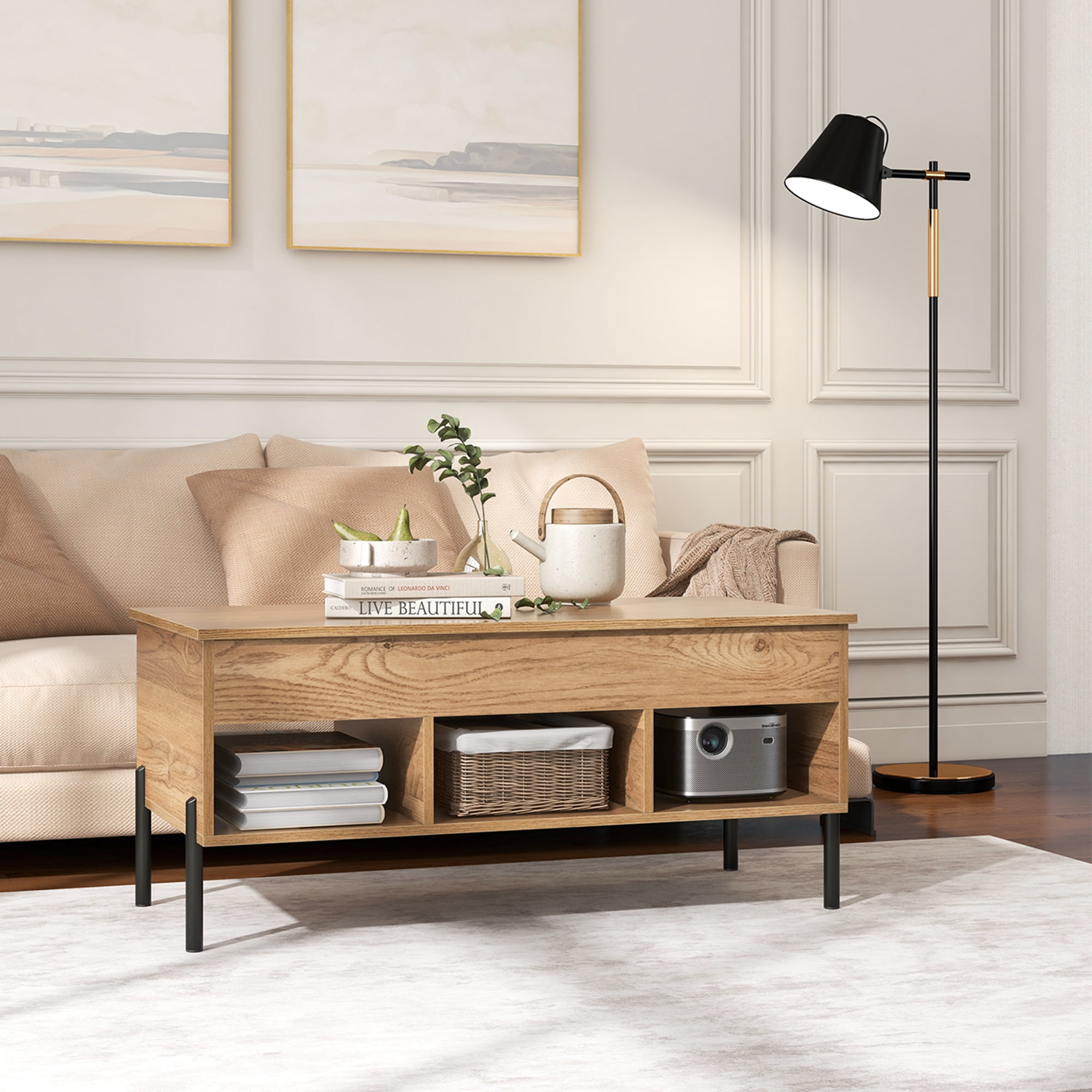 Costway Lift Top Coffee Table with Storage Compartment 3 Open Cubbies for Living Room
