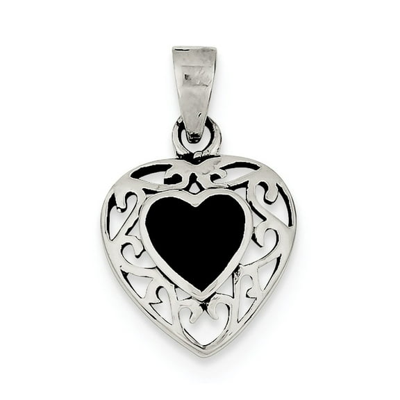 925 Sterling Silver Polished Simulated Onyx Love Heart Oxidized Pendant Necklace 18x14mm Wide Pendant for Women