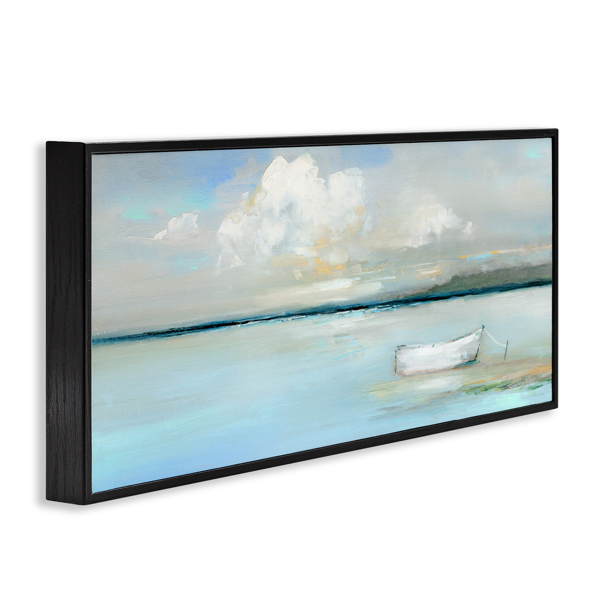 Stupell Industries Quiet Boat Docked Landscape Painting Black Framed Art Print Wall Art, 24 x 10