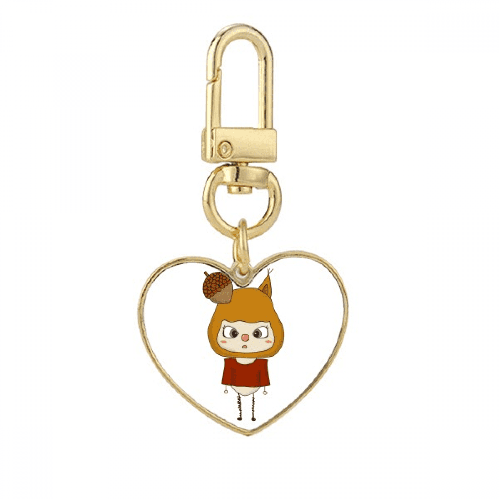 Animal Squarrel Nature Pine Nut UU Gold Heart Keychain Metal Keyring Holder