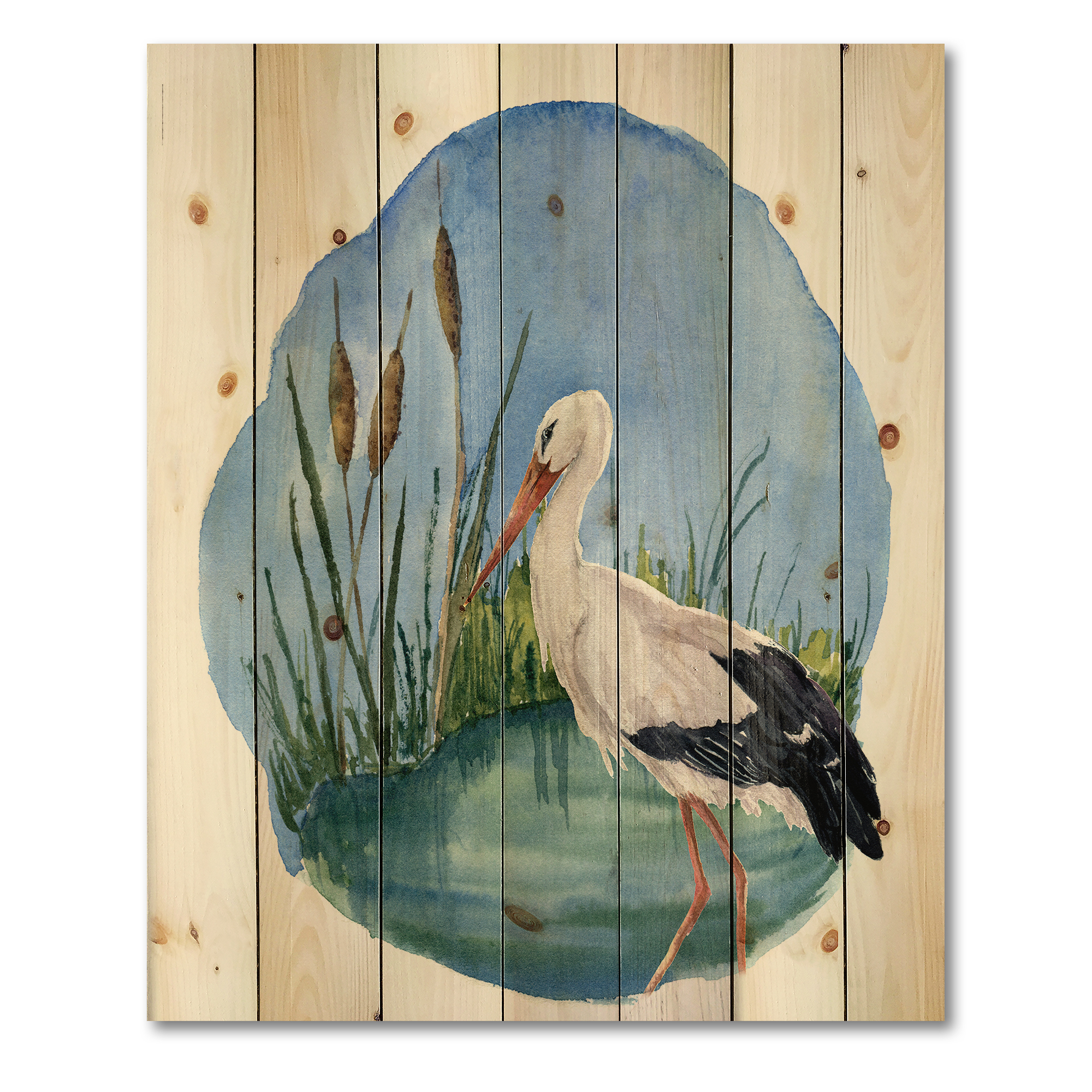 Designart 'White Stork On The Swamp Blue' Traditional Print on Natural Pine Wood
