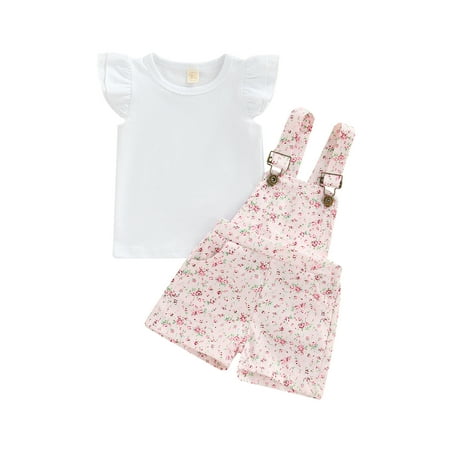 

Bagilaanoe 2pcs Toddler Baby Girls Short Overalls Set Fly Sleeve T Shirt Tops + Floral Patterns Suspender Shorts 1T 2T 3T 4T 5T Kids Casual Summer Outfits