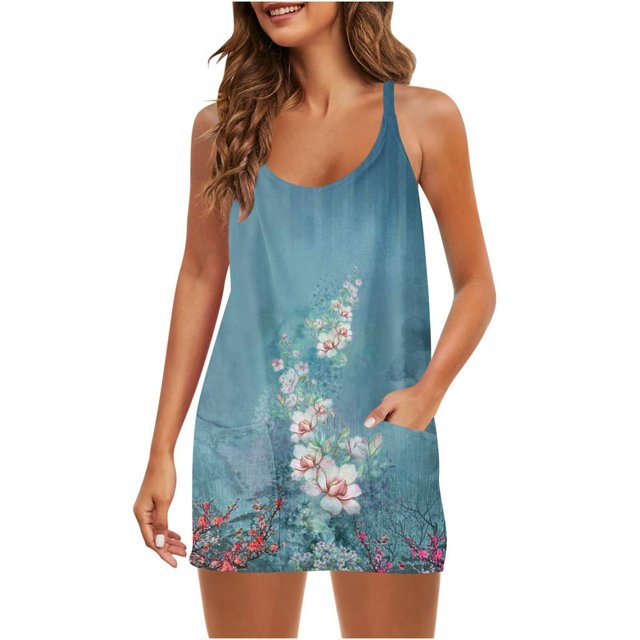 Femmes Été Sans Manches Mini Robe V Cou Bretelles Spaghetti Robe de Soleil Athlétique Robe Courte avec Poches