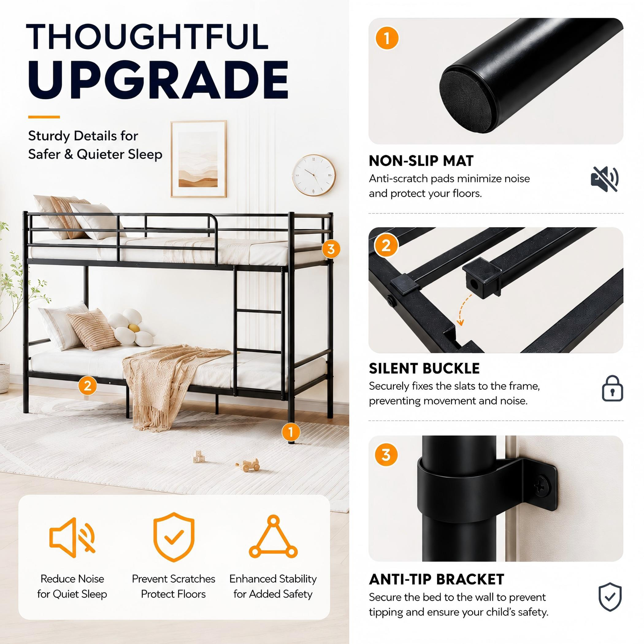 Aukfa Twin over Twin Bunk Bed, Black Metal Bunk Bed for Kids with Ladder & 9" Under-Bed Storage