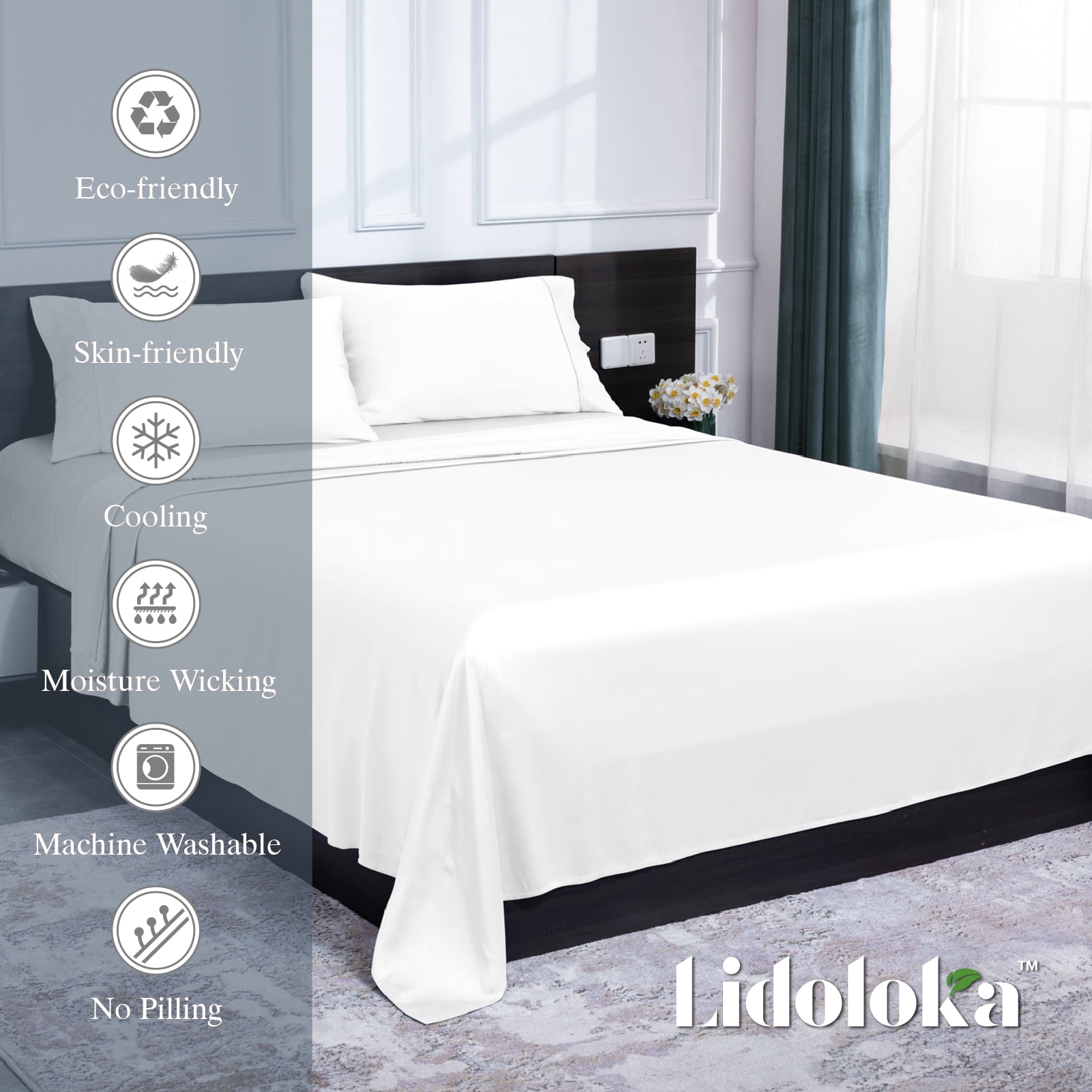 Lidoloka Luxury Bamboo Bed Sheets Set Queen 4 Pcs for Adult,Soft&Cool,16" Deep Pocket,White