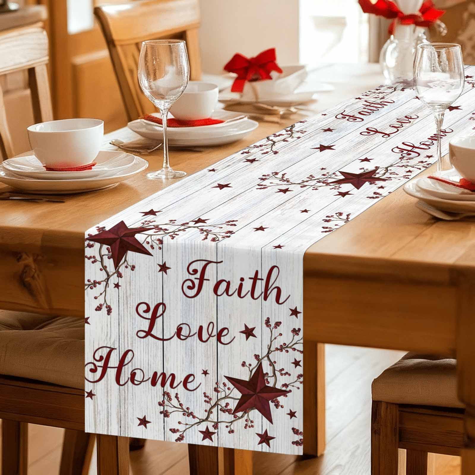 Retro Red Country Stars Table Runner, Faith Love Home Berries White Wood Striped Cotton Linen Kitchen Table Decoration Washable Dining Tabletop Runners for Home Party Decor 18x72 Inches