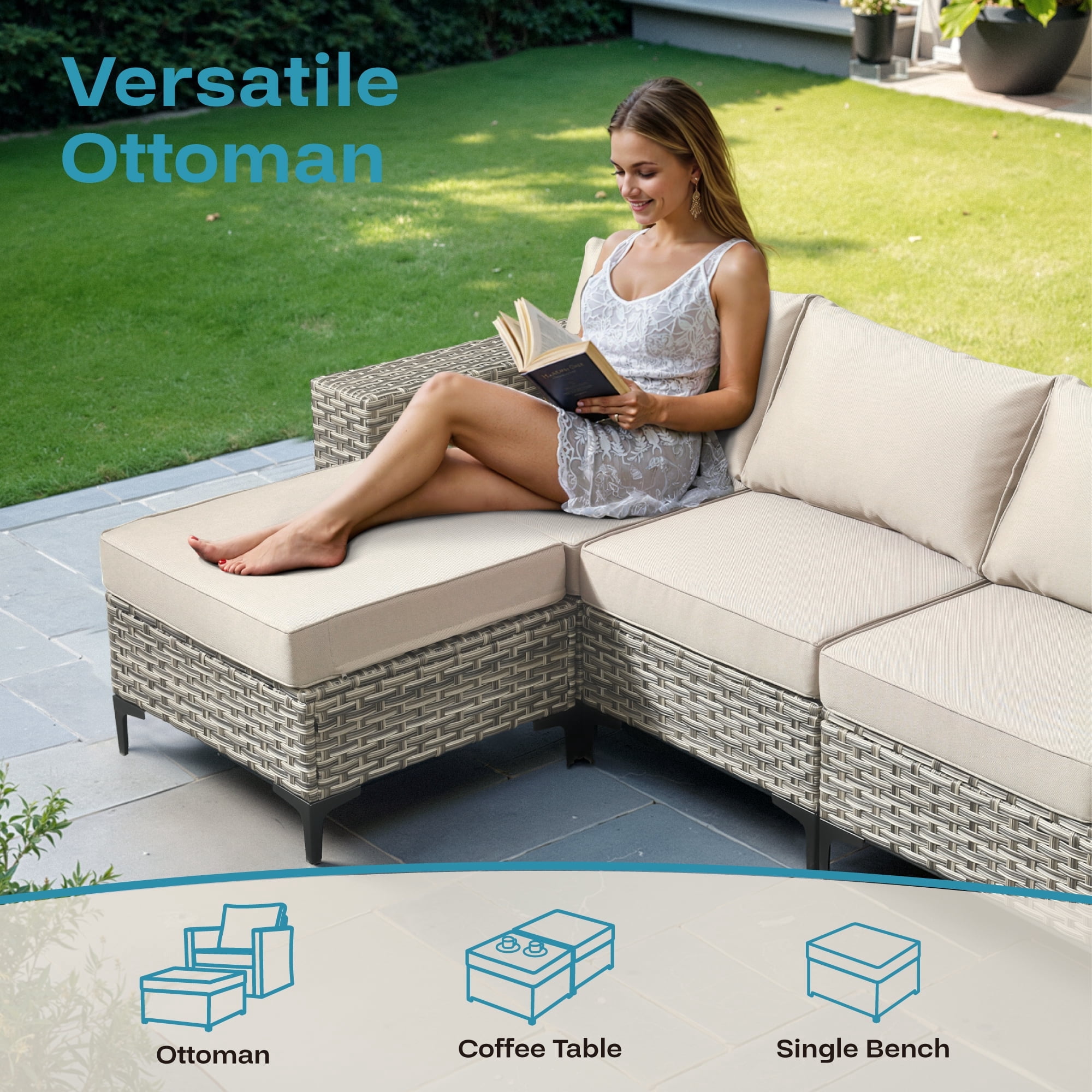Ovios 8 Pieces Wicker Patio Furniture Sets Outdoor Conversation Sectional Sofa with Swivel Chairs & Solar Light Table