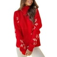 thumbnail image 4 of Suéter navideño rojo para mujer, estampado de copos de nieve, informal, suelto, de punto, de manga larga, con cuello alto, para Navidad y Año Nuevo, 4 of 5