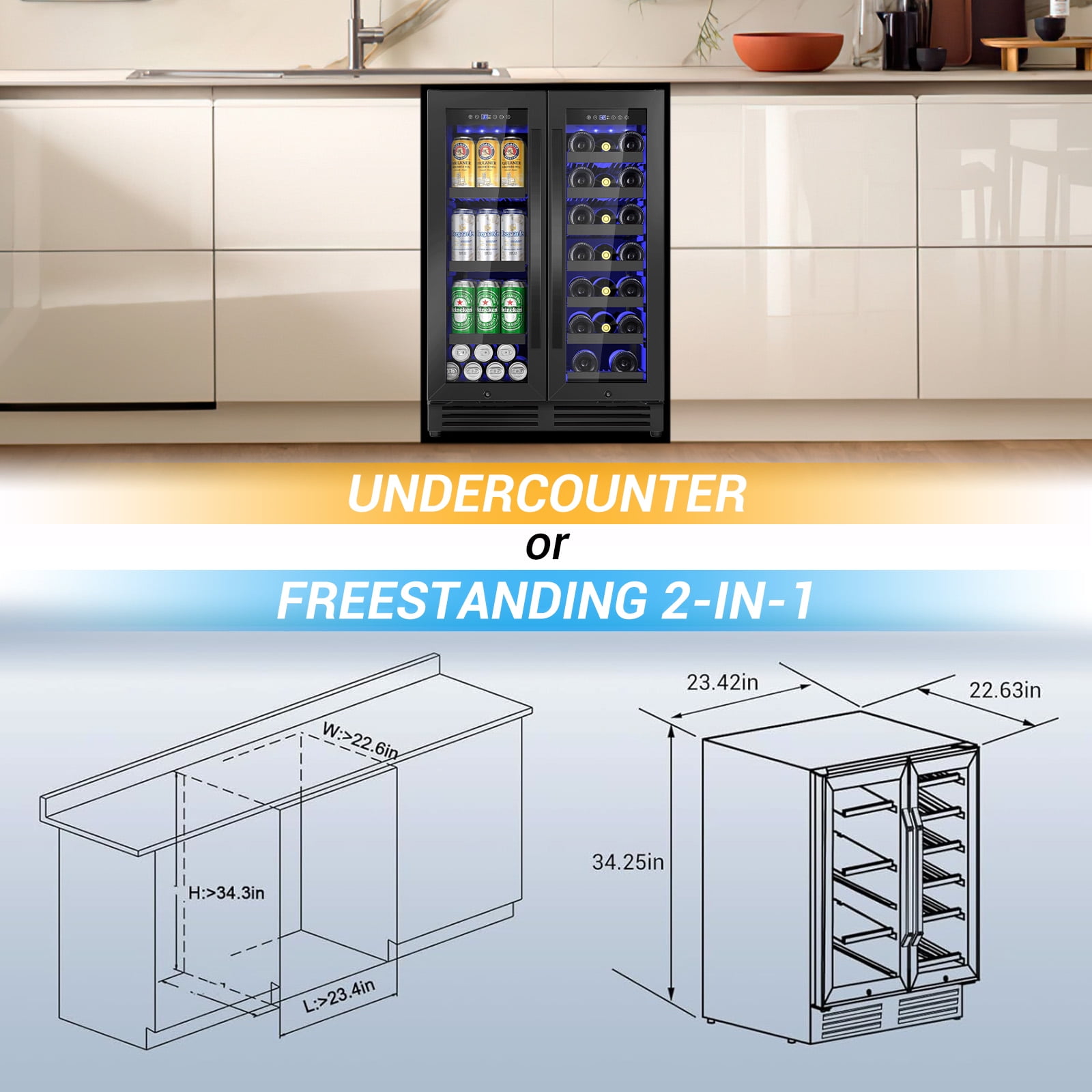 TITTLA 24 Inch Wine and Beverage Refrigerators Cooler,18-Wine Bottles and 57 Cans,Dual Zone,Under Counter,Black