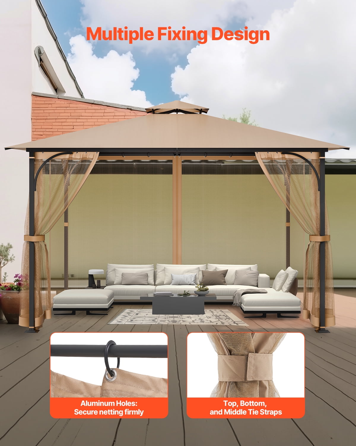 VEVOR Gazebo Netting Replacement, Fit Most 10 x 12 x 7.3 FT Gazebo,Outdoor Garden Gazebo Net,4-Panel Sidewall Mesh Gazebo Curtain, Patio Midge Netting with Double Zipper,Canopy Screen (Netting Only)