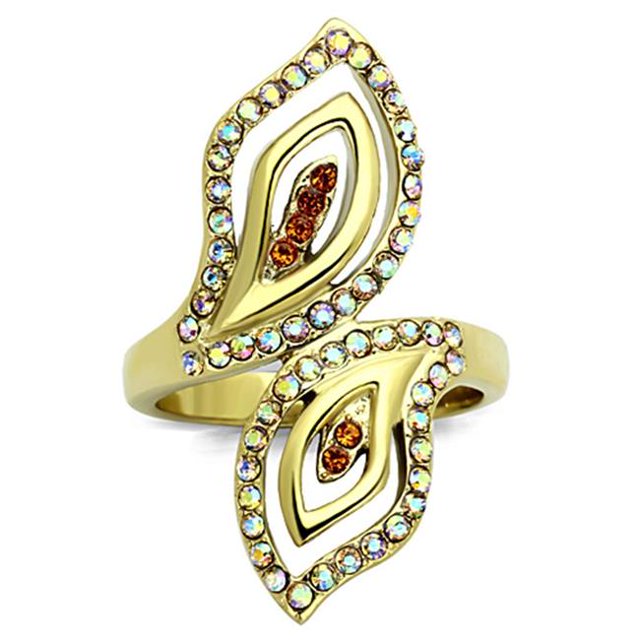IP Gold Ion Plating Stainless Steel Ring with Top Grade Crystal, Multi Color - Size 6