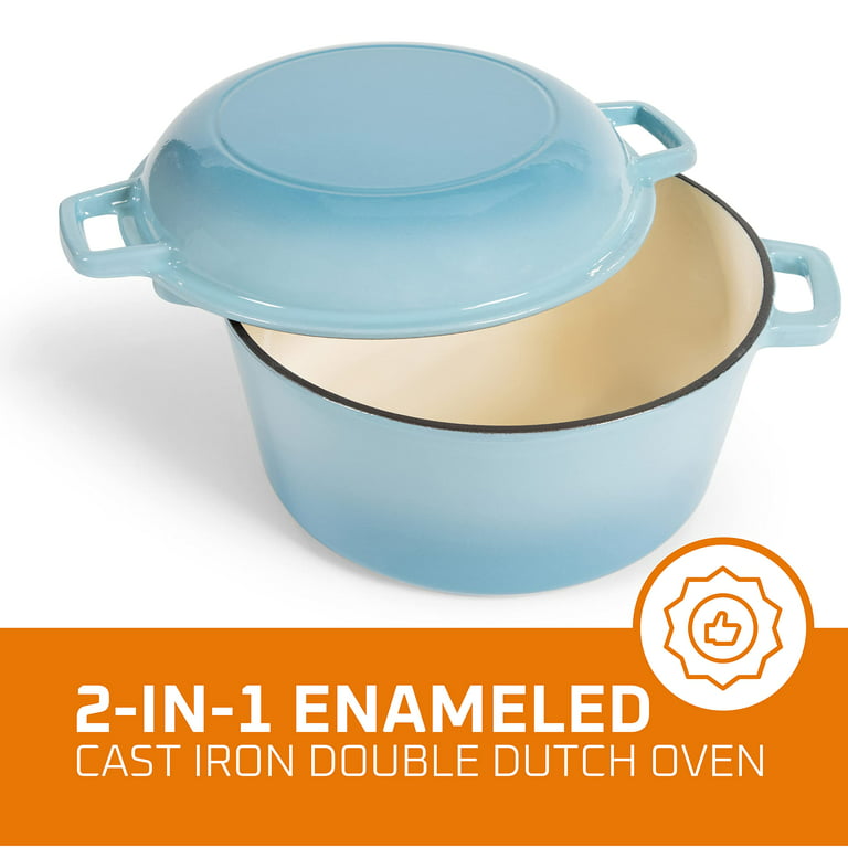 Bruntmor 2 in 1 Enameled Cast Iron Double Dutch Oven & Skillet Lid, 5-Quart, Induction, Electric, GAS & in Oven Compatible, Grey