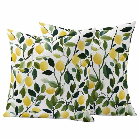 Summer Lemon Outdoor Pillow Covers, Waterproof Decorative Throw Pillowcases Set of 2, Yellow Fruits Pastoral Green Botanical Couch Cushion Cases with Zipper for Outside Patio Garden Sofa 20"x20"