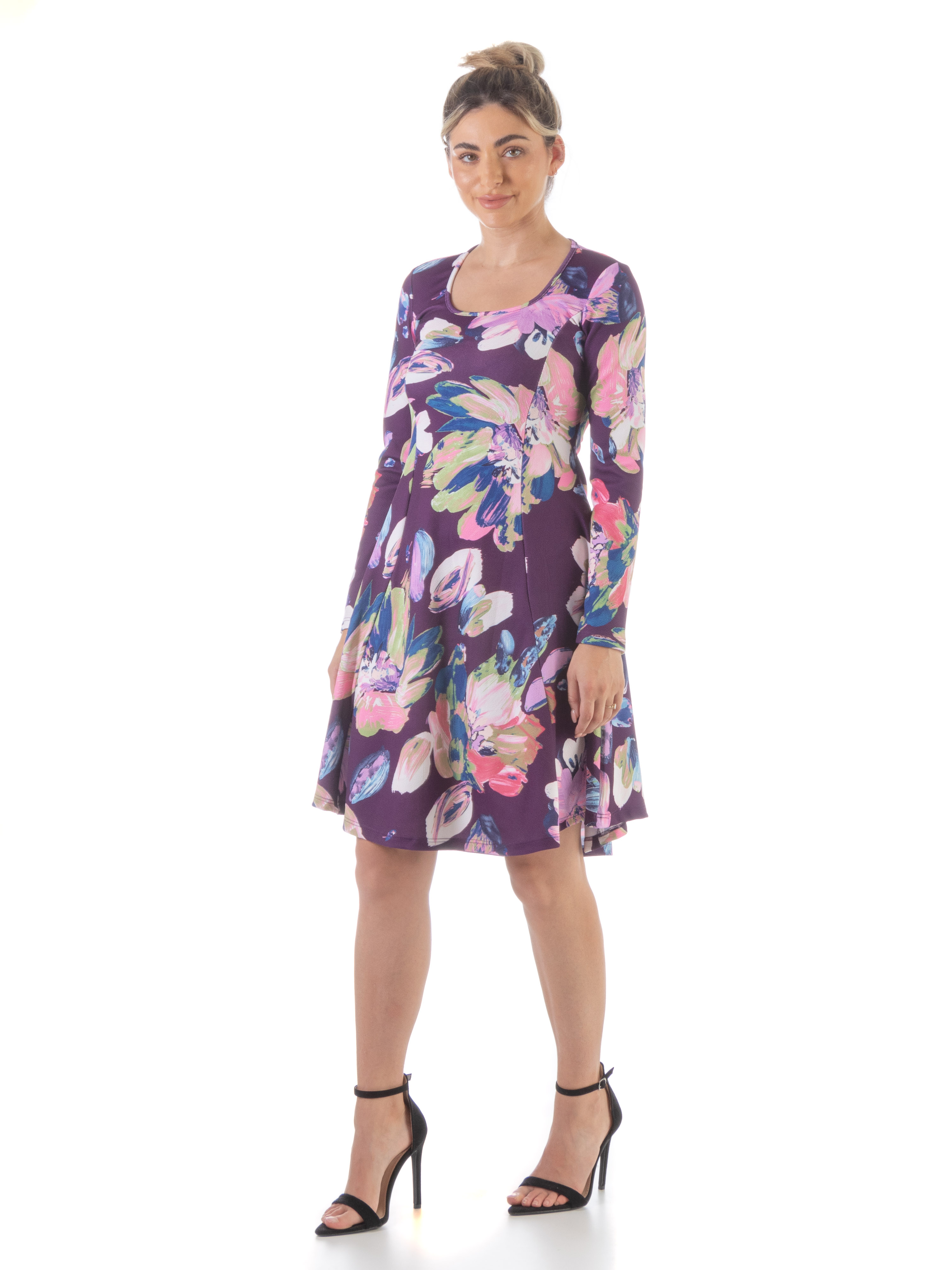 24/7 Comfort Apparel Womens Floral Purple Long Sleeve Knee Length Dress