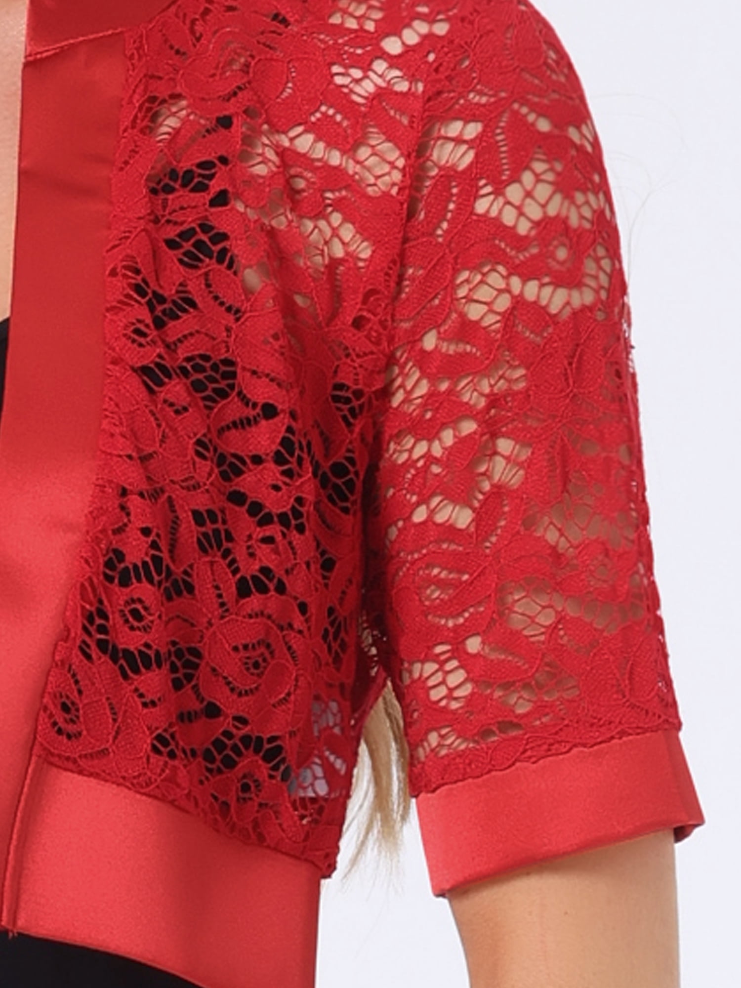 DARING DIVA Women's Lace Shrug Bolero Satin Panel Crop Cardigans M Red