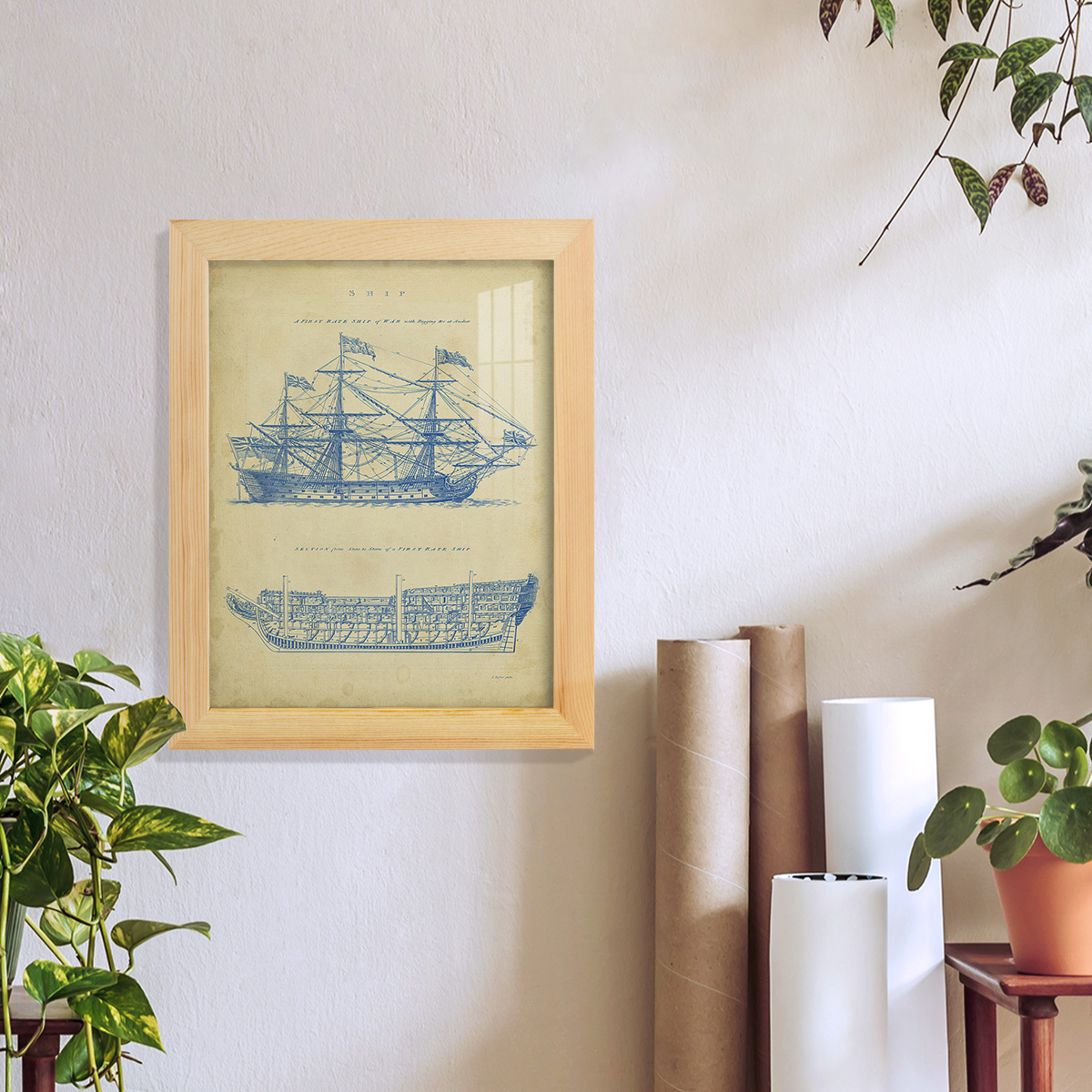 Vintage Ship Blueprint -Framed Print w/glass-Natural Wood