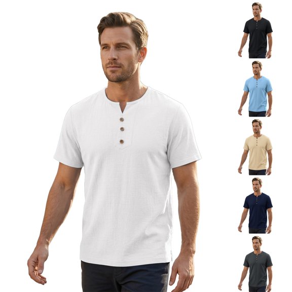 Migroa Men's Henley Shirts Short Sleeve Relaxed Fit T-Shirts Casual Lightweight 3 Button Basic Tee Fashion Summer Top Beige L
