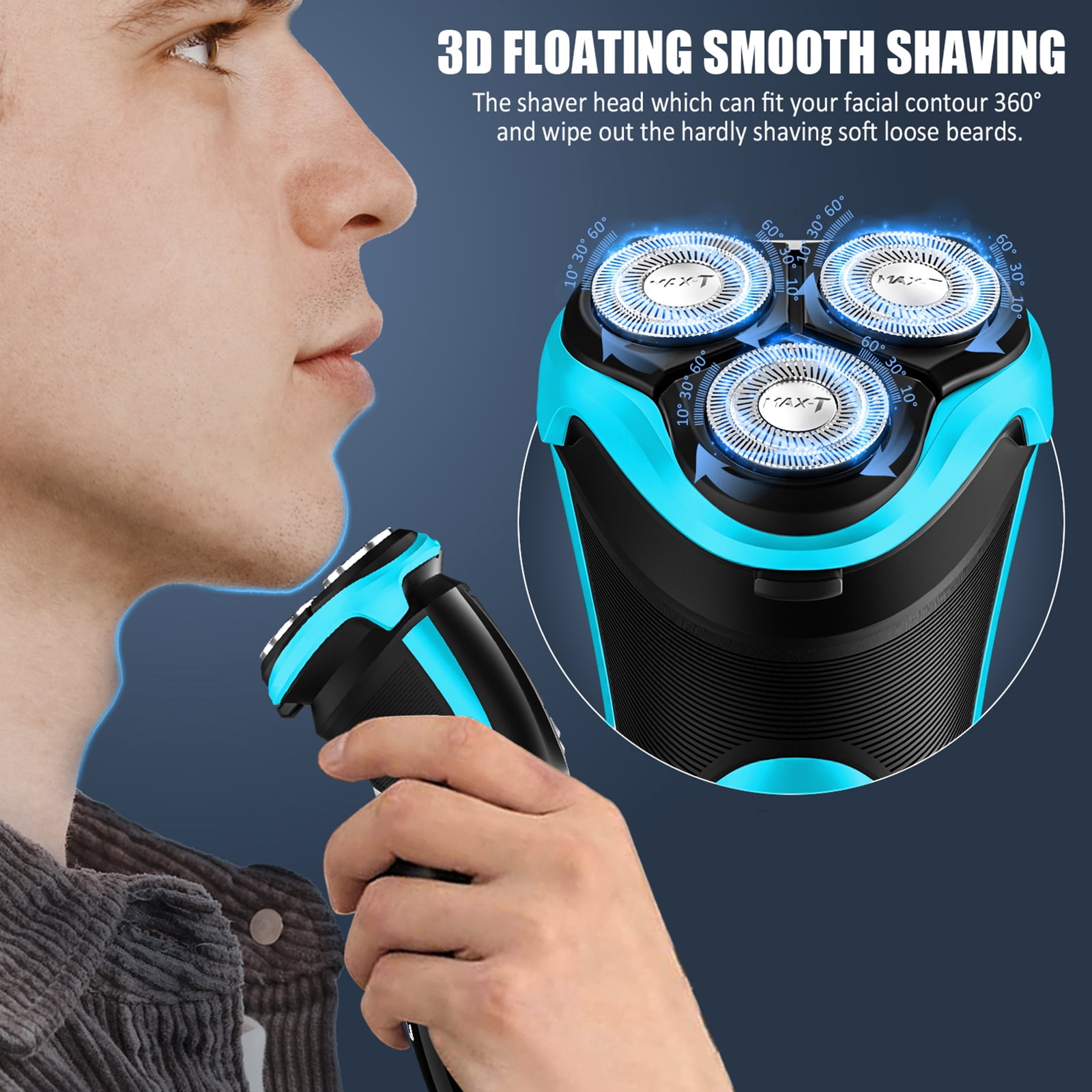 MAX-T Electric Razor for Men, USB-C Fast Charge 1H/120Min, IPX7 Waterproof Wet Dry, Pop-Up Beard Trimmer, 3D Floating Head, LED Display, Gift for Men, Blue