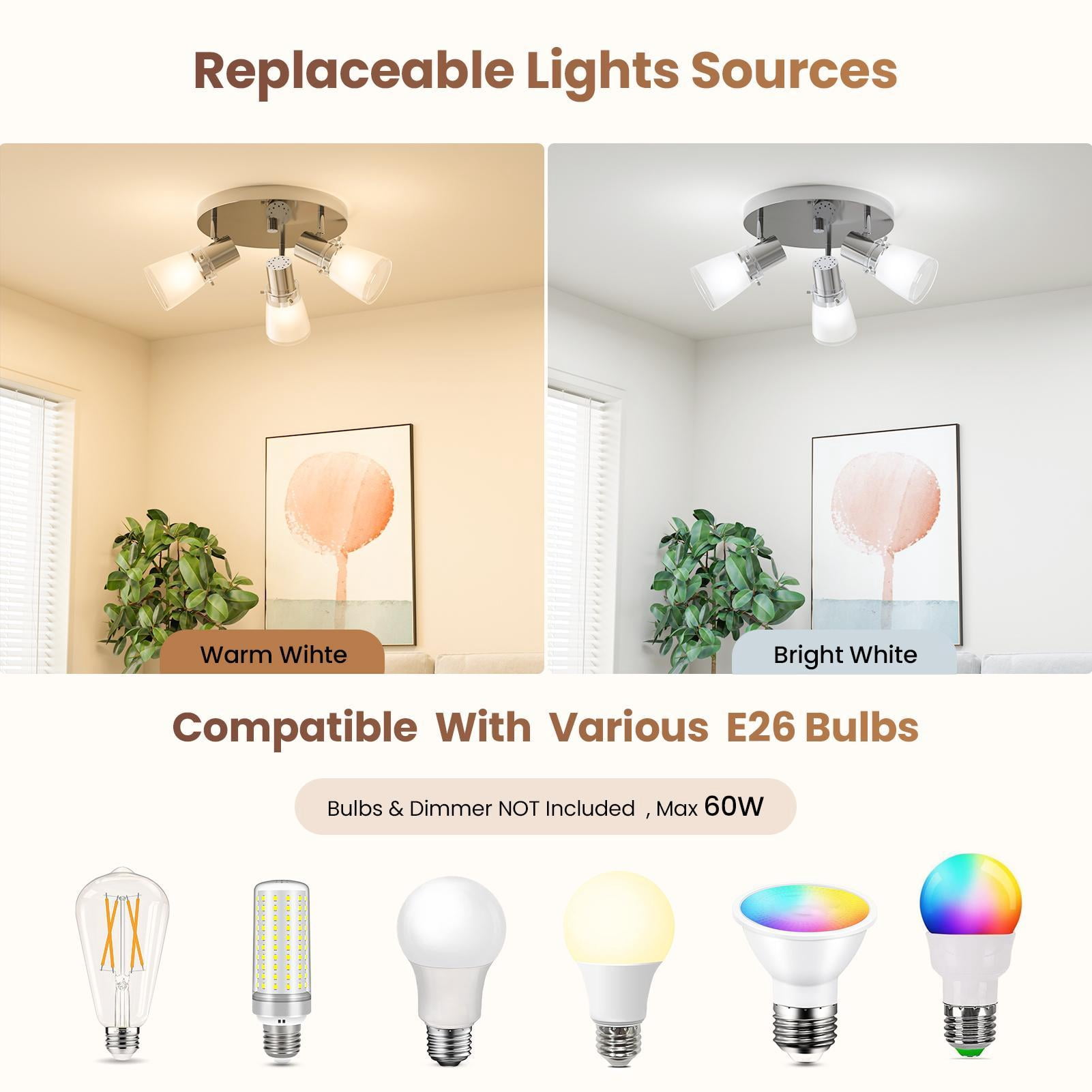 Laite Lumens 10" 3-Light Dimmable Track Lighting Kit, Brushed Steel Finish Flush Mount Ceiling Light Fixture with Frosted Glass Shades, Medium Base (e-26) Adjustable Heads