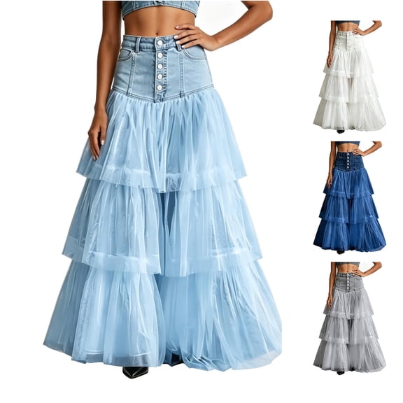 Wxolcjlv Women's Denim Patchwork Tulle Maxi Skirt Button Front Tiered Layered Skirts