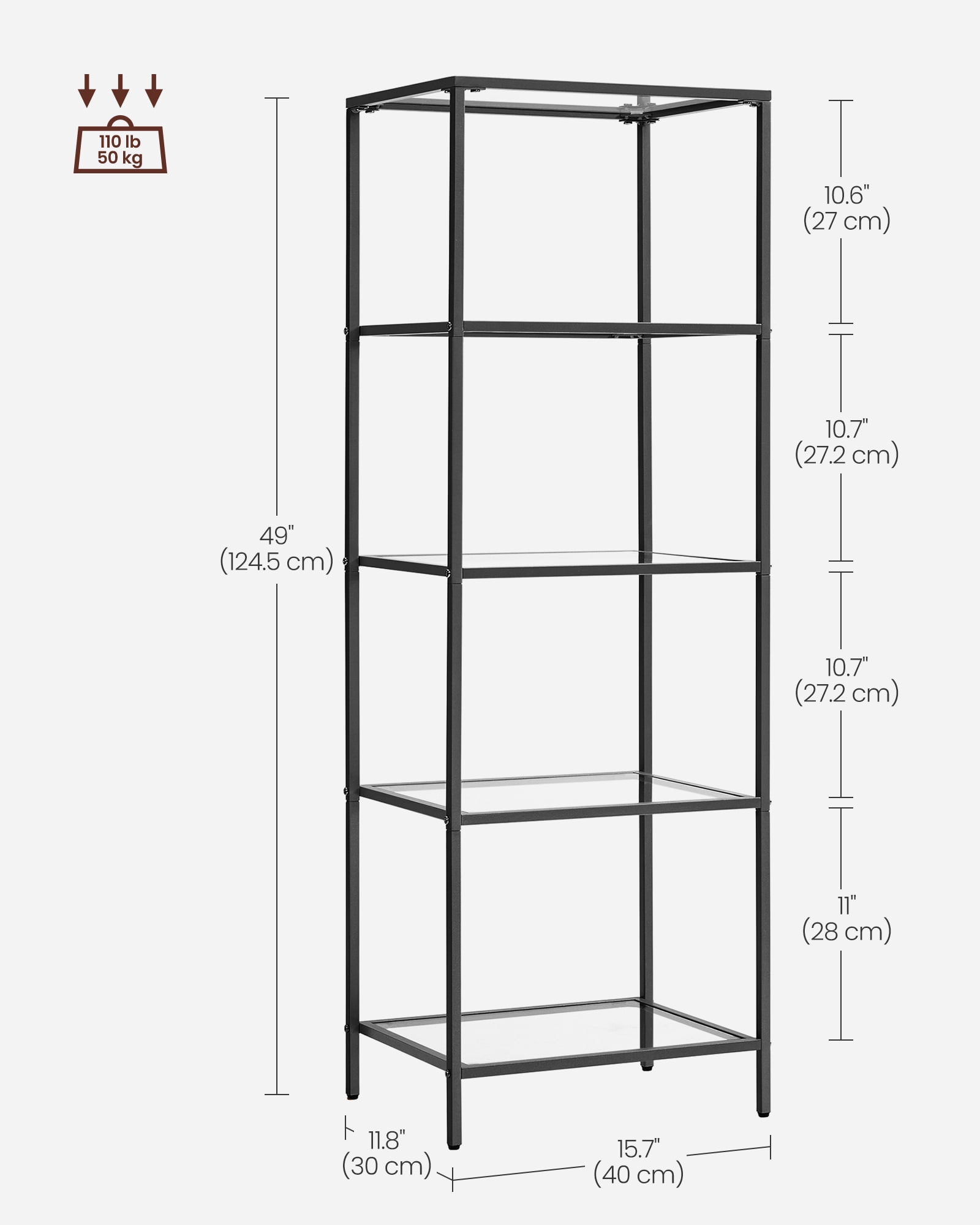 5-Tier Slim Bookshelf with Tempered Glass Shelves, Gold Steel Frame Narrow Shelving Unit, for Office Bathroom Bedroom, Ink Black