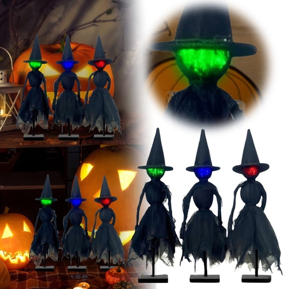 Set of 3 Primitive Halloween Witch Decorations with LED Lights - Spooky Witch Figurines with Hats in 3 Color Changing Modes - Rustic Mantel, Shelf and Tabletop Decor for Indoor Halloween Displays