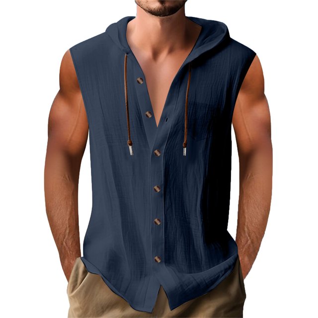 Yuyuzo Mens Cotton Linen Tank Tops Sleeveless Hoodie Shirts Button down Hooded Summer Beach Shirts