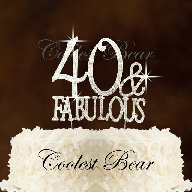"40 & Fabulous", Silver - Coolest Bear Rhinestone Crystal Cake Topper